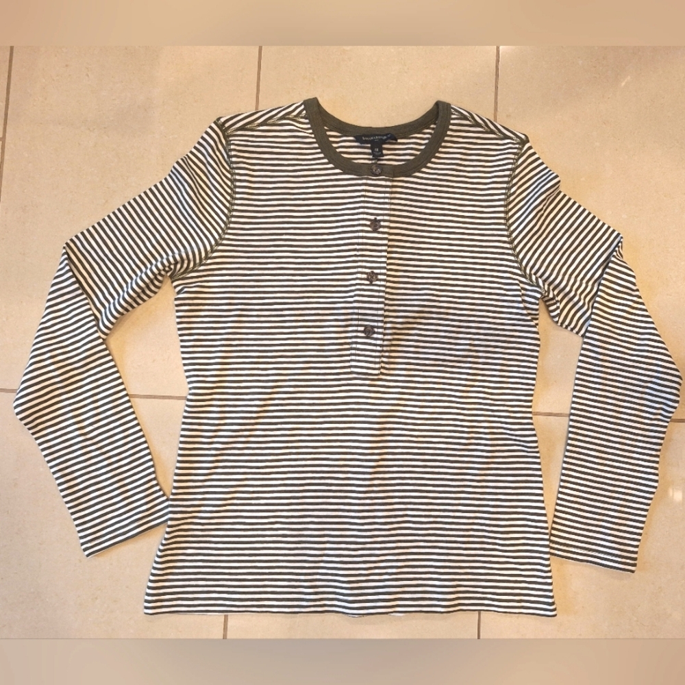 Banana Republic women's olive green and white striped button henley - medium